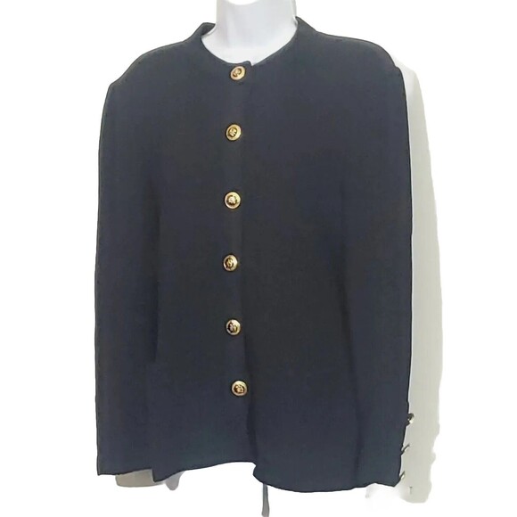 St. John Black Gold Button Down Cardigan Sweater Santana Knit Medium Classic - Picture 1 of 10